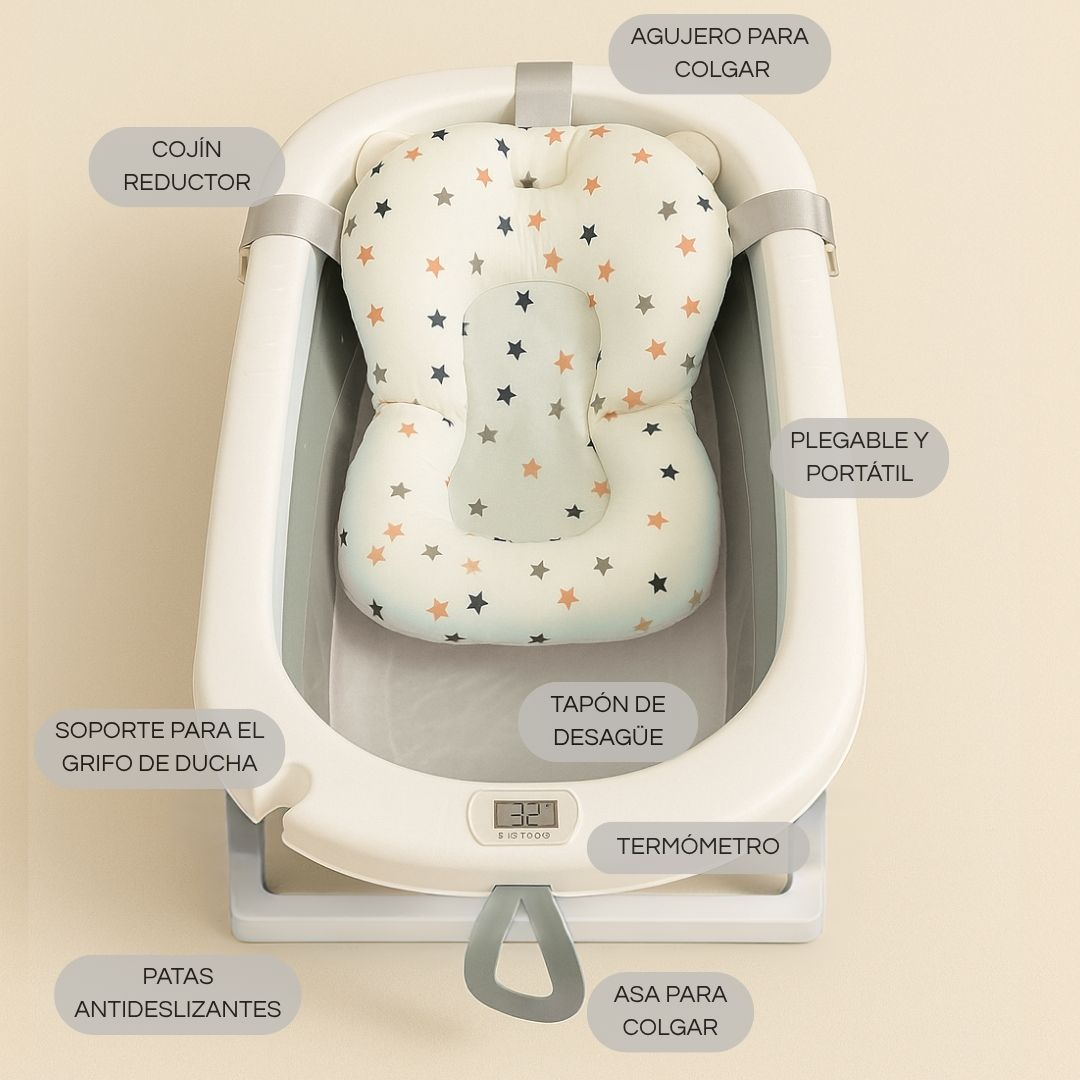 Un cojín reductor para bañera de bebé plegable con estrellas y termómetro.
