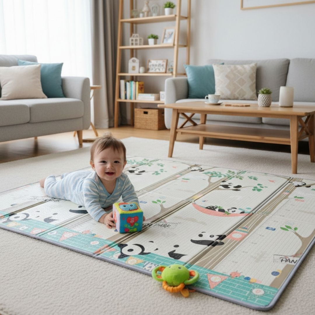 Un bebé yace en una alfombra de juegos con pandas y árboles. Un juguete de cubo está cerca.