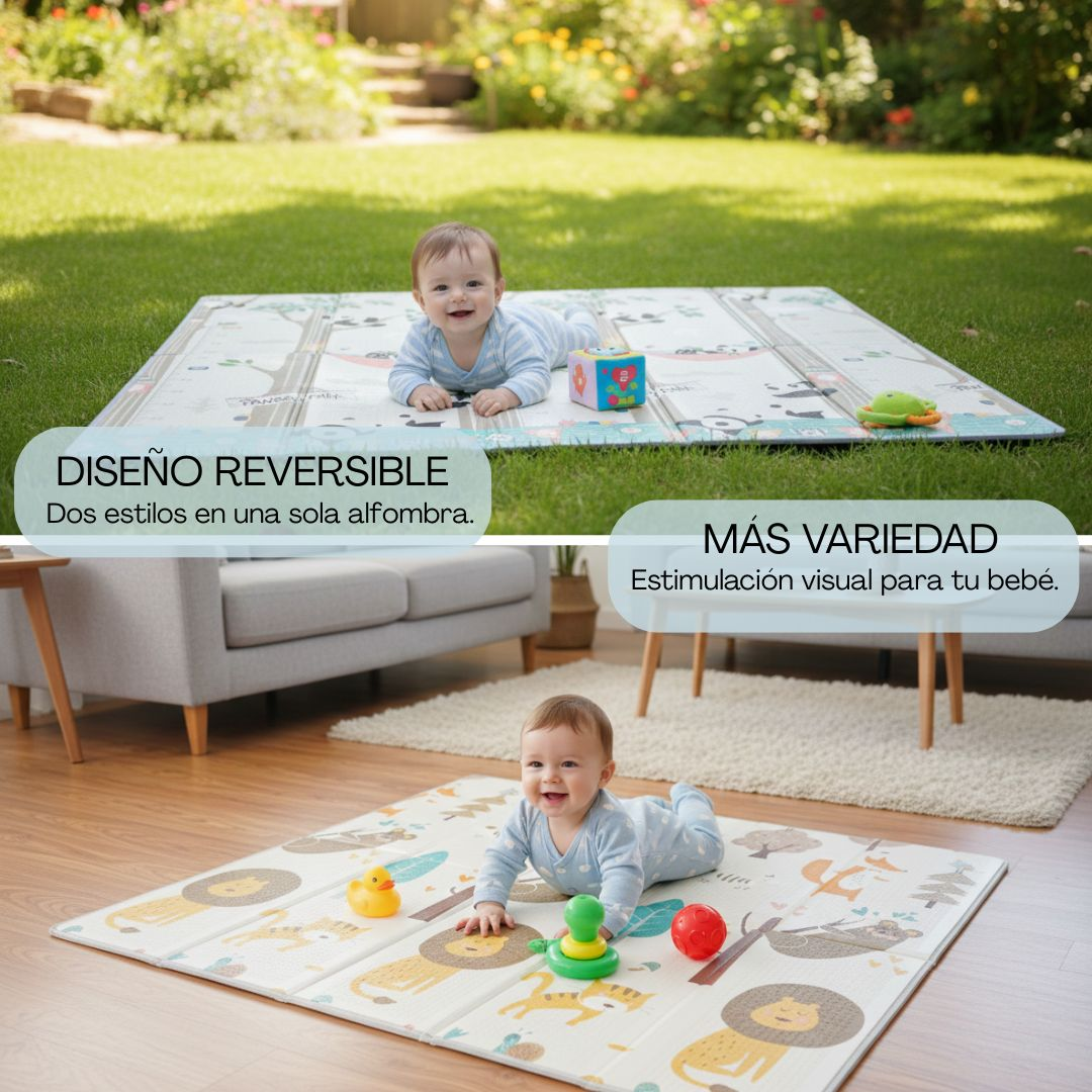 Bebé juega en un tapete reversible al aire libre y en interior. Diseños.
