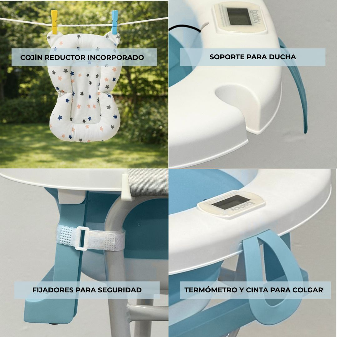 Accesorios para bañera de bebé: reductor, soporte, cintas.