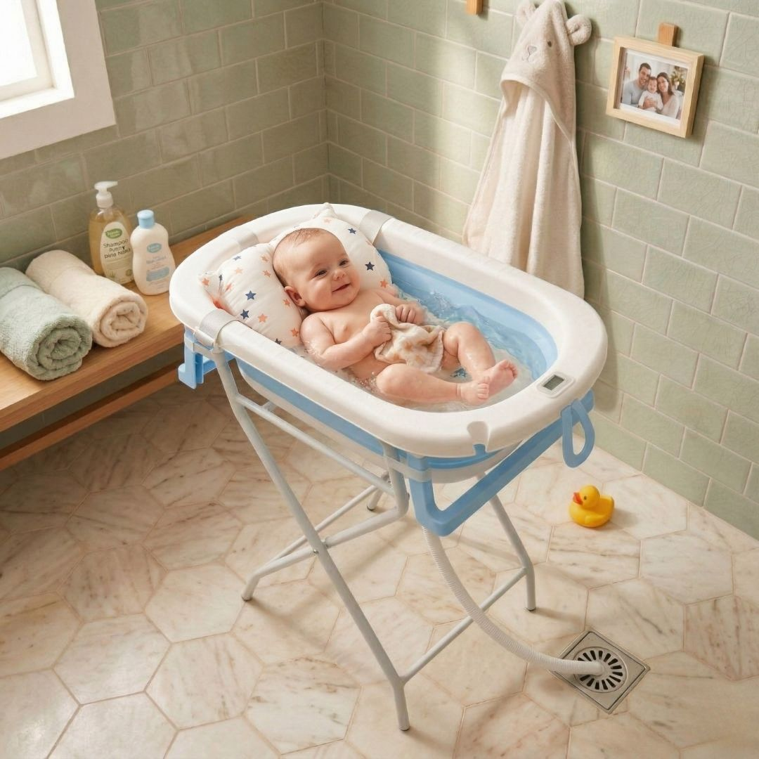 Un bebé en una bañera azul sobre un soporte, con patos y toallas.