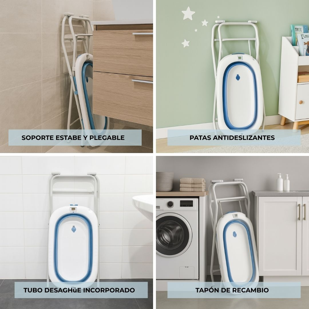 Una bañera de bebé blanca y azul con marco metálico, en un baño.