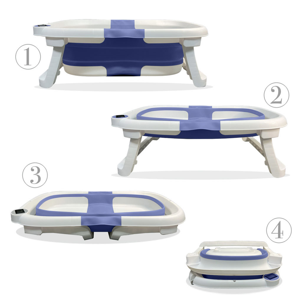 Un prototipo de bañera de bebé plegable mostrado en cuatro vistas, blanco y azul.