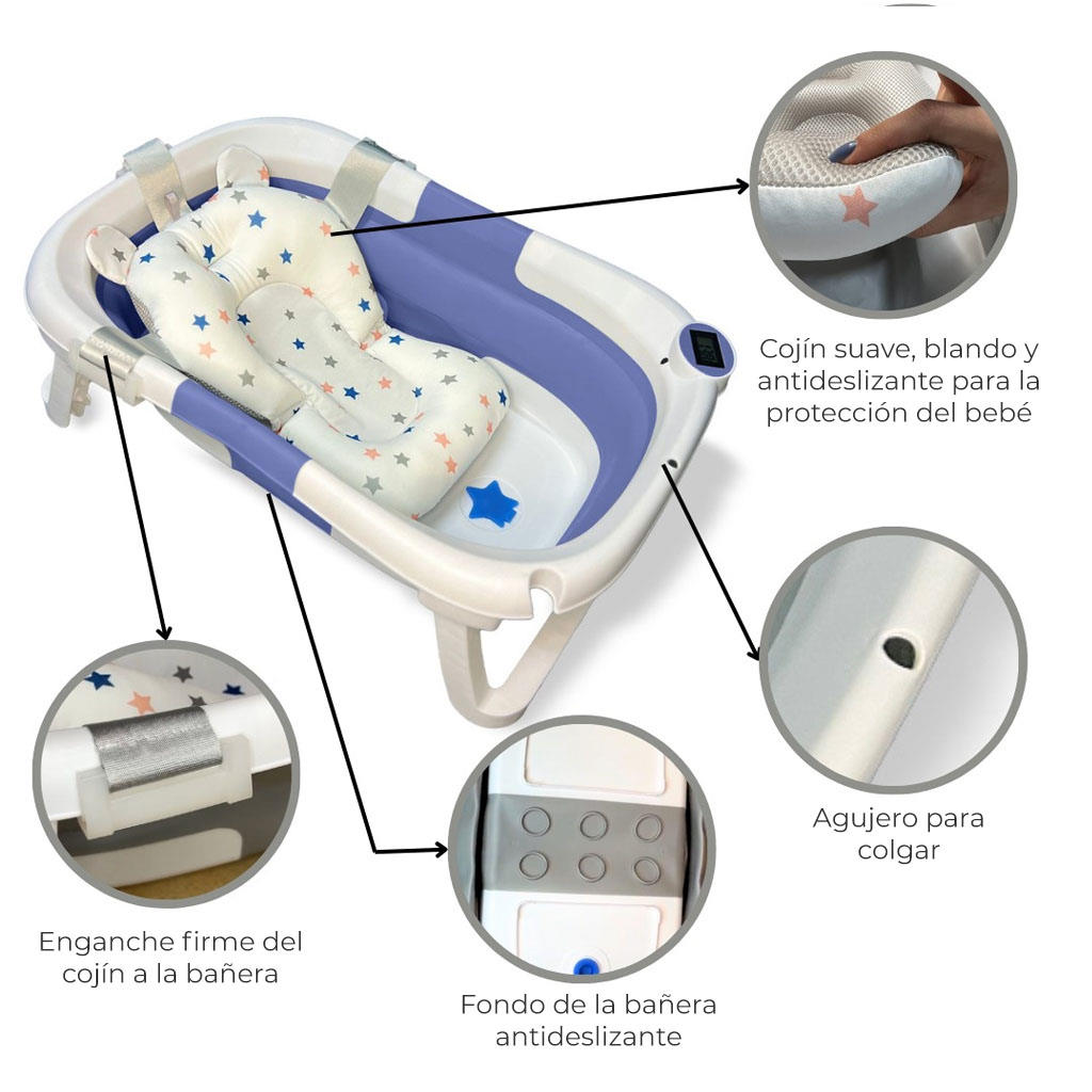 Bañera plegable para bebé con cojín suave y antideslizante.