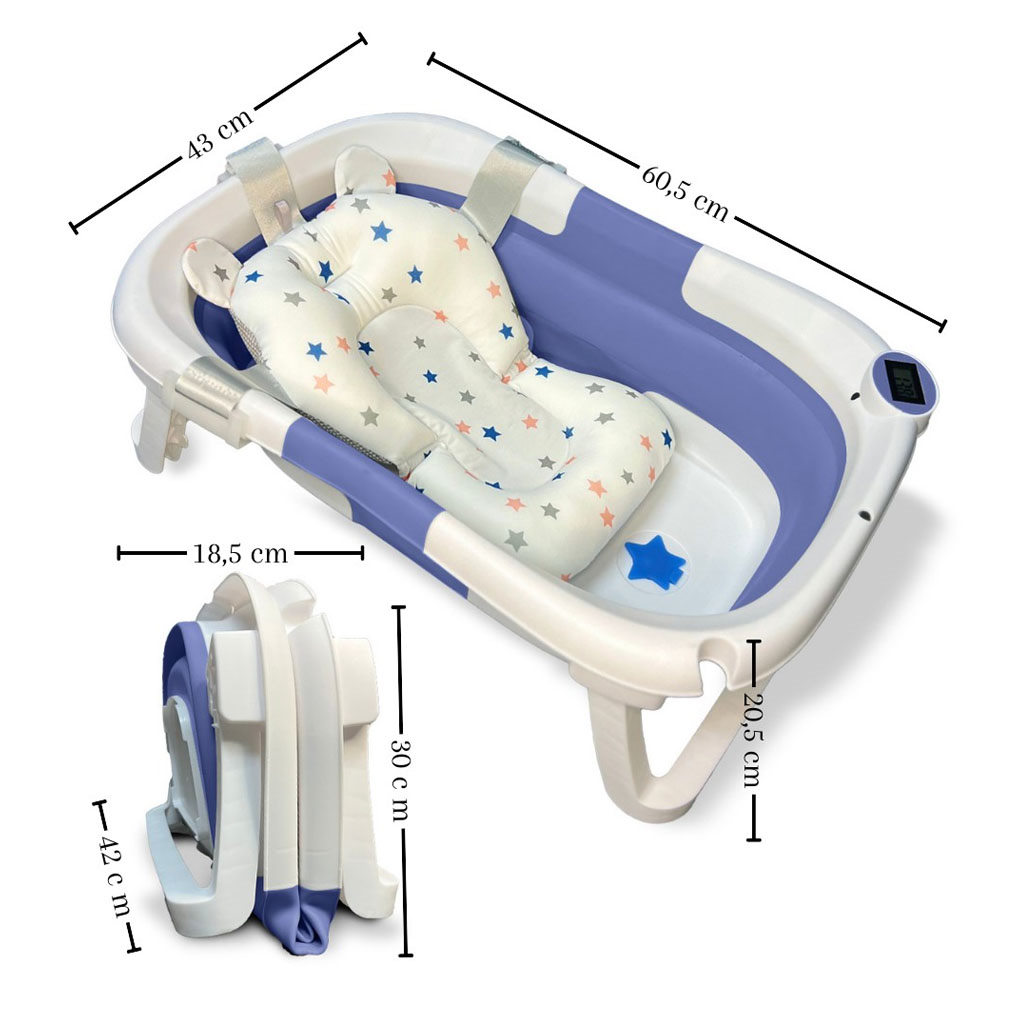 Una bañera plegable para bebés con cojín acolchado y estampado de estrellas.