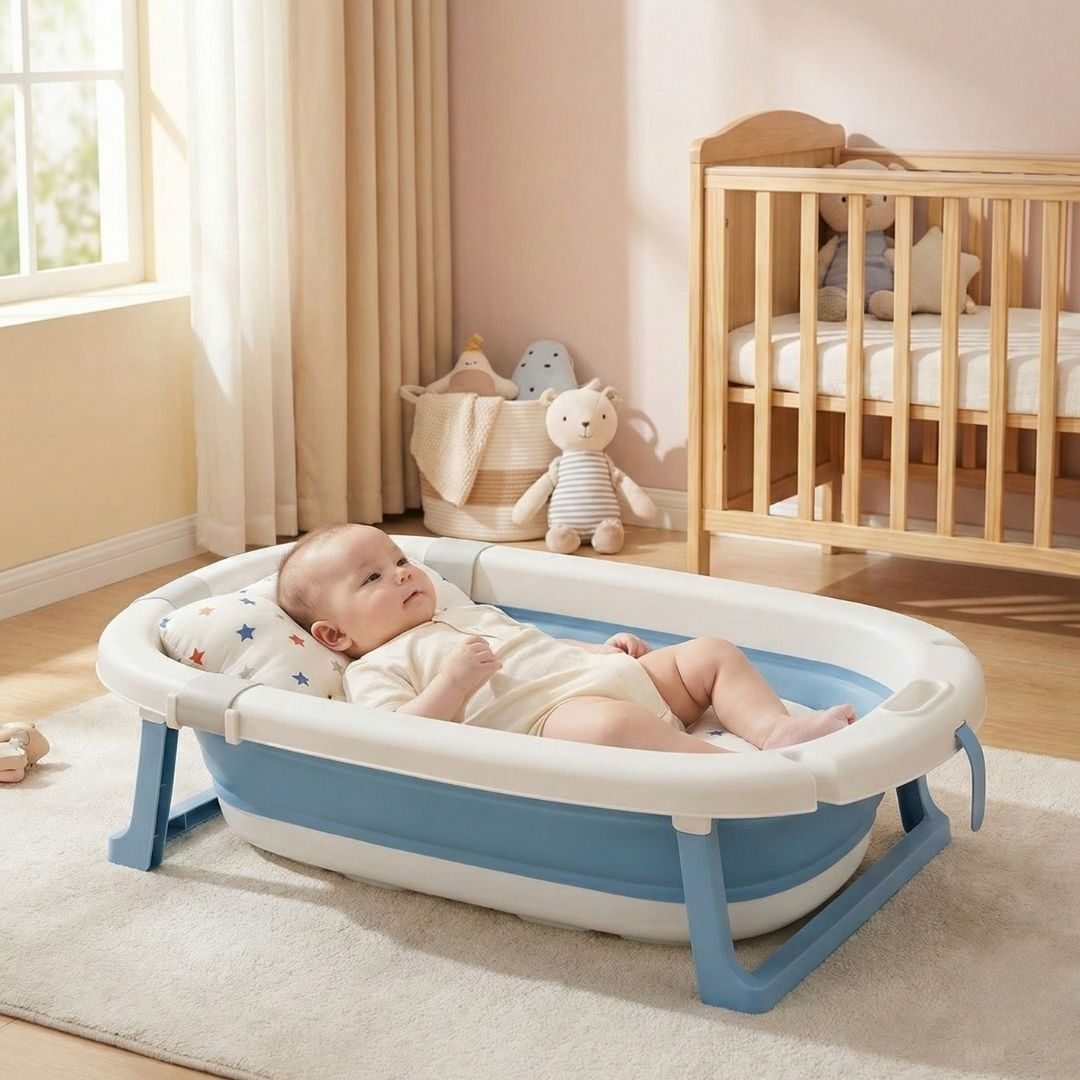 Un bebé yace en una bañera azul y blanca junto a una cuna.