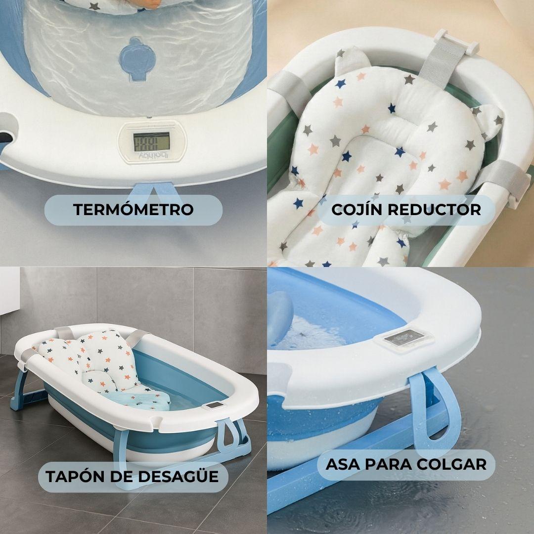 Una bañera de bebé plegable con termómetro, reductor y asa.
