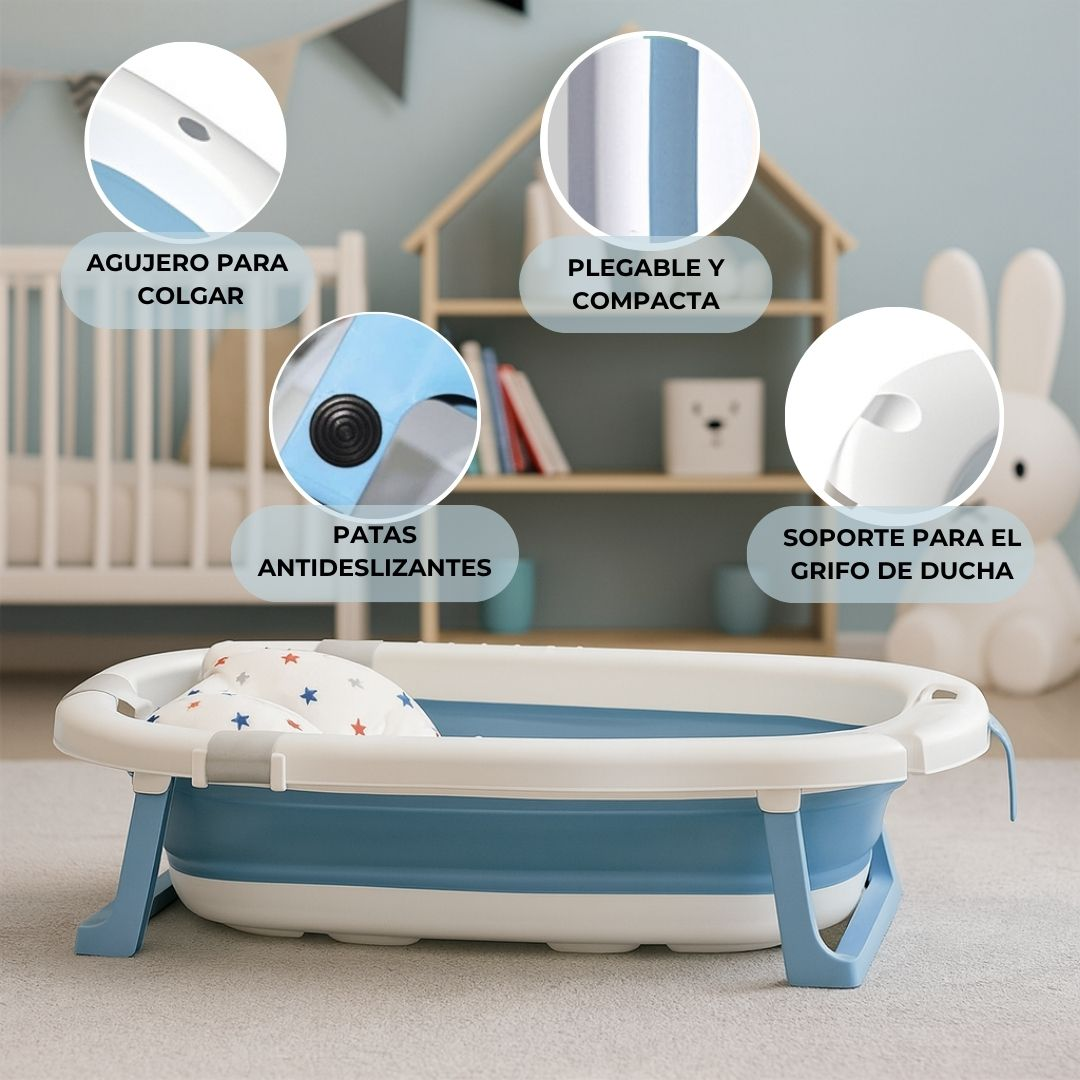Una bañera de bebé azul y blanca con patas antideslizantes y accesorios.