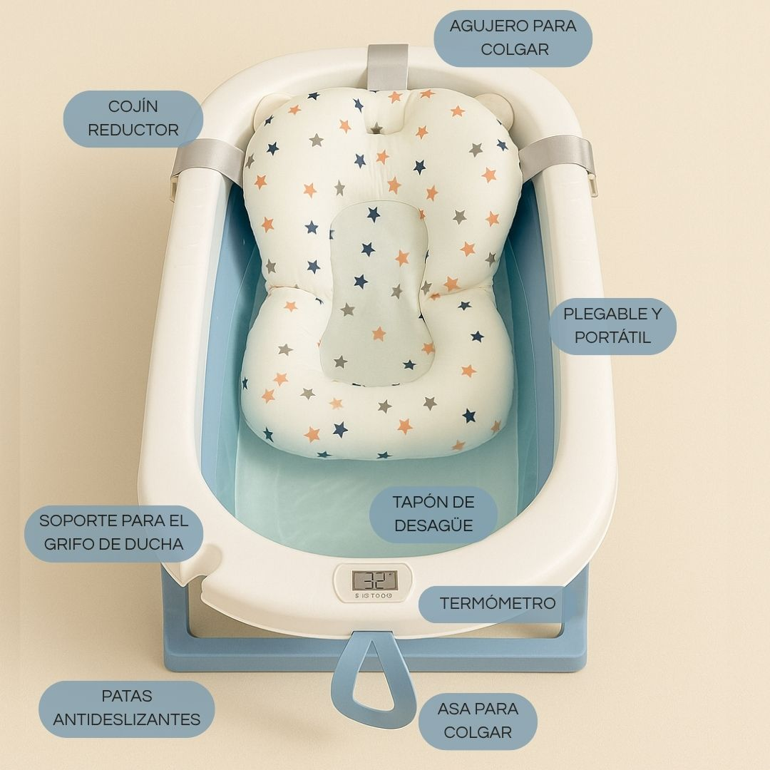 Una bañera de bebé plegable con asiento de estrellas y termómetro integrado.