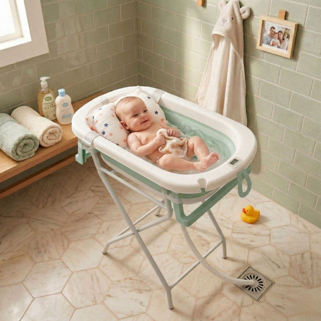 Un bebé se baña en una bañera plegable con almohada de estrellas y patito de goma.