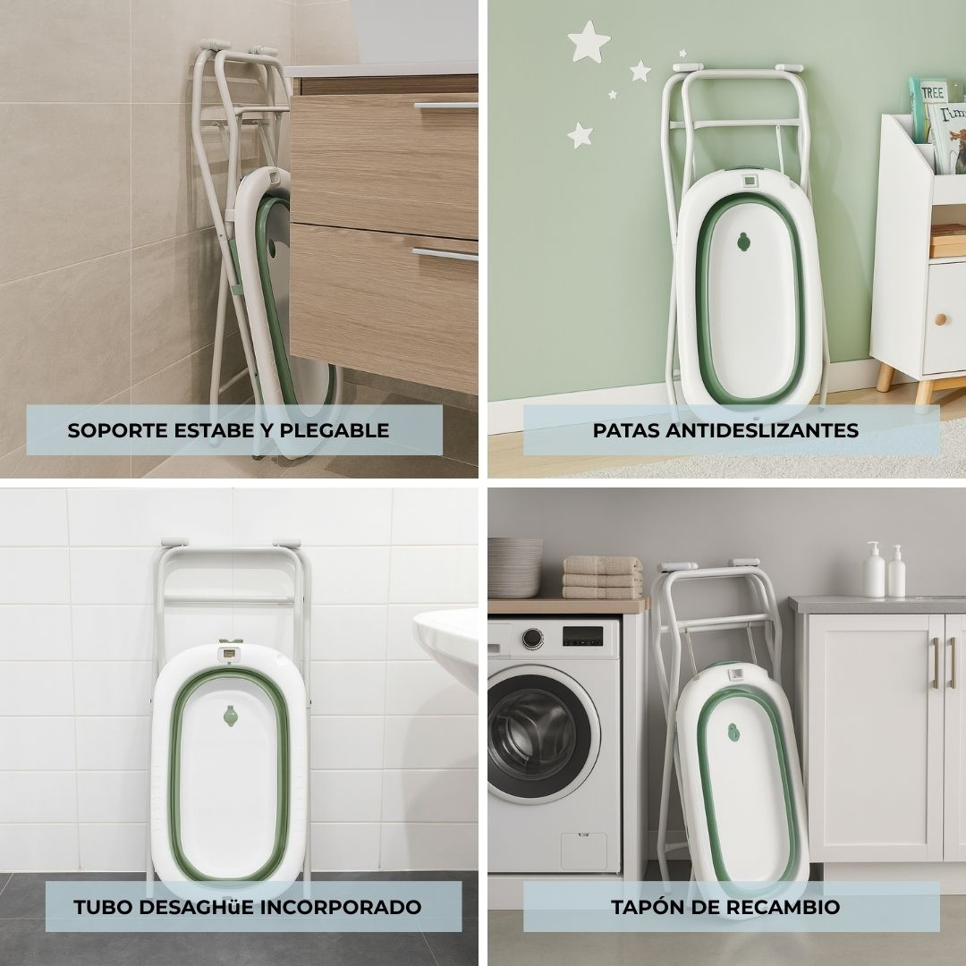 Un soporte plegable para bañera de bebé en cuatro escenas: en un baño, con estrellas, junto a una lavadora y un armario.