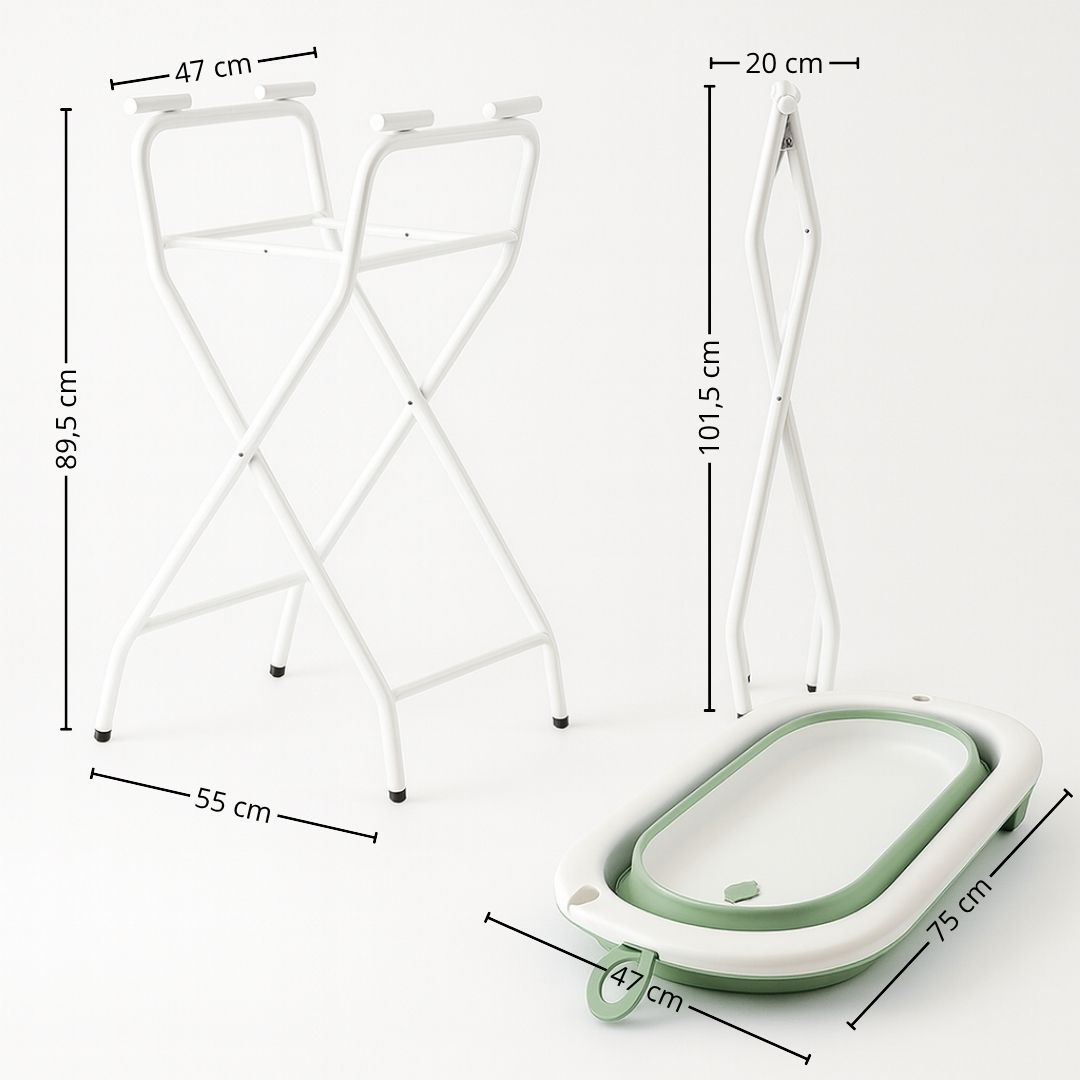 Bañera de bebé plegable blanca con borde verde y soporte plegable blanco.