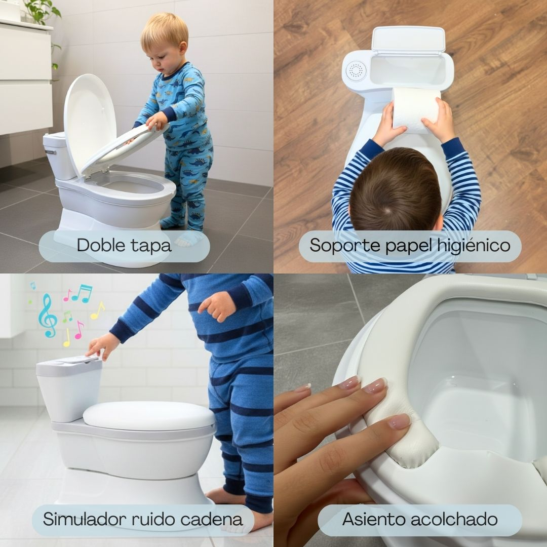 Orinal infantil con doble tapa, portarrollos, simulador de sonido y asiento.