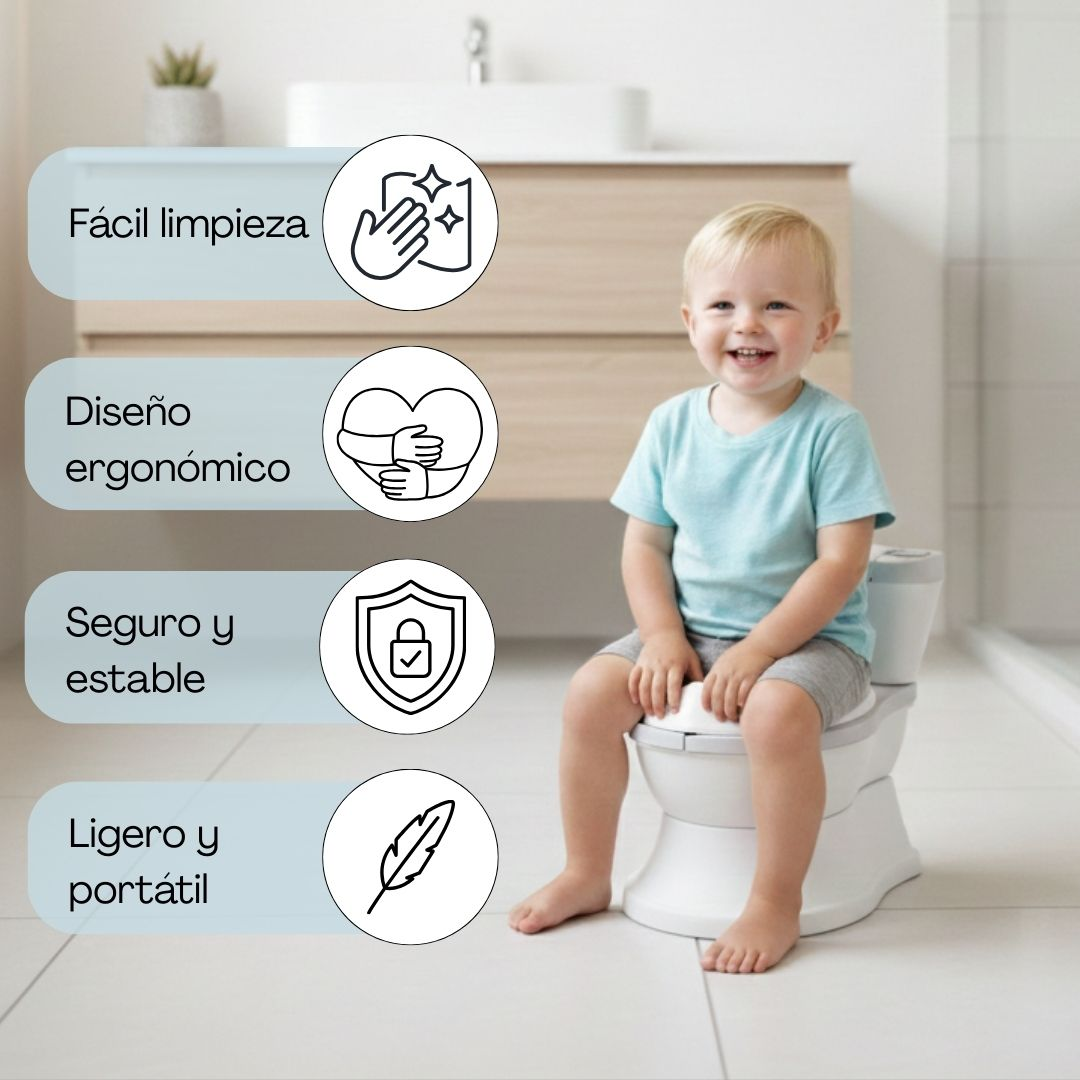 Un niño pequeño se sienta en un orinal con cuatro íconos resaltando características.