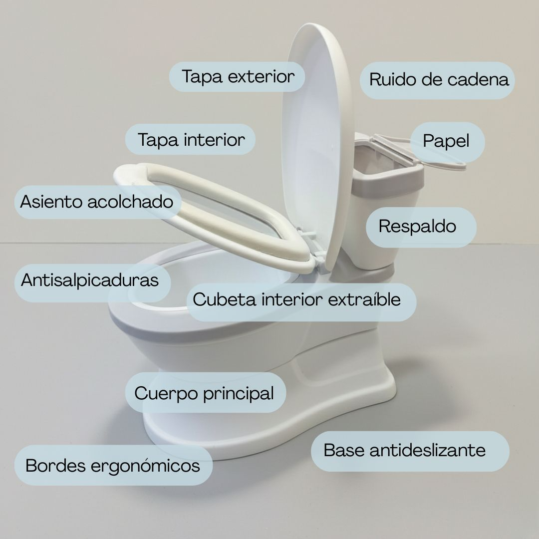 Un inodoro portátil blanco con tapa, asiento y cubeta abiertos.