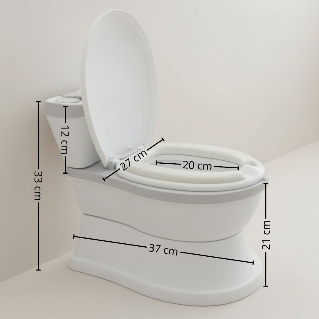Asiento de inodoro infantil blanco con medidas: 33cm alto, 37cm ancho, 27cm prof, 21cm asiento.
