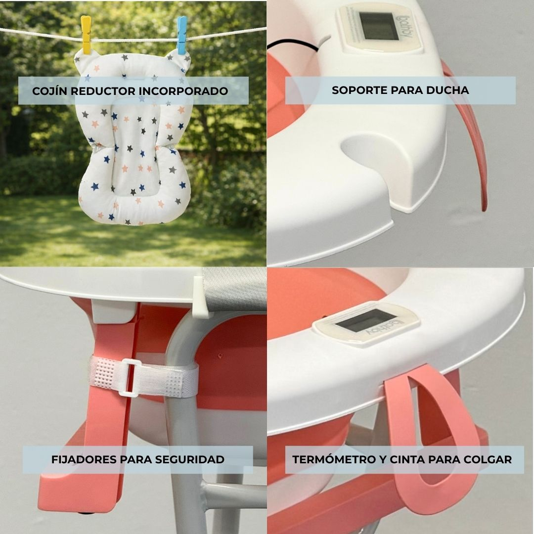 Bañera para bebé con accesorios: reductor, soporte ducha, fijadores y termómetro.