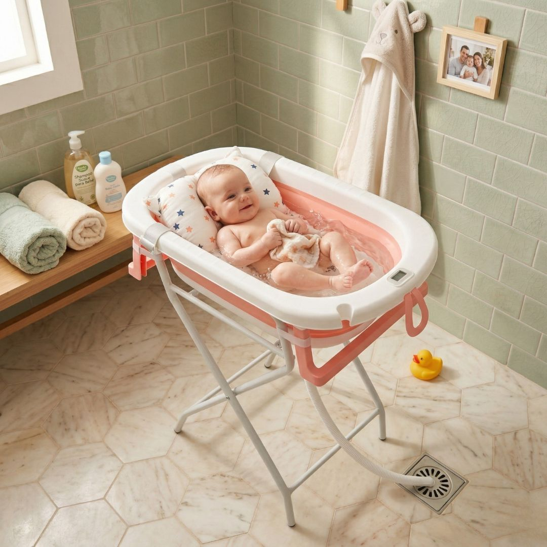 Un bebé salpica en una bañera rosa y blanca sobre un soporte plegable.