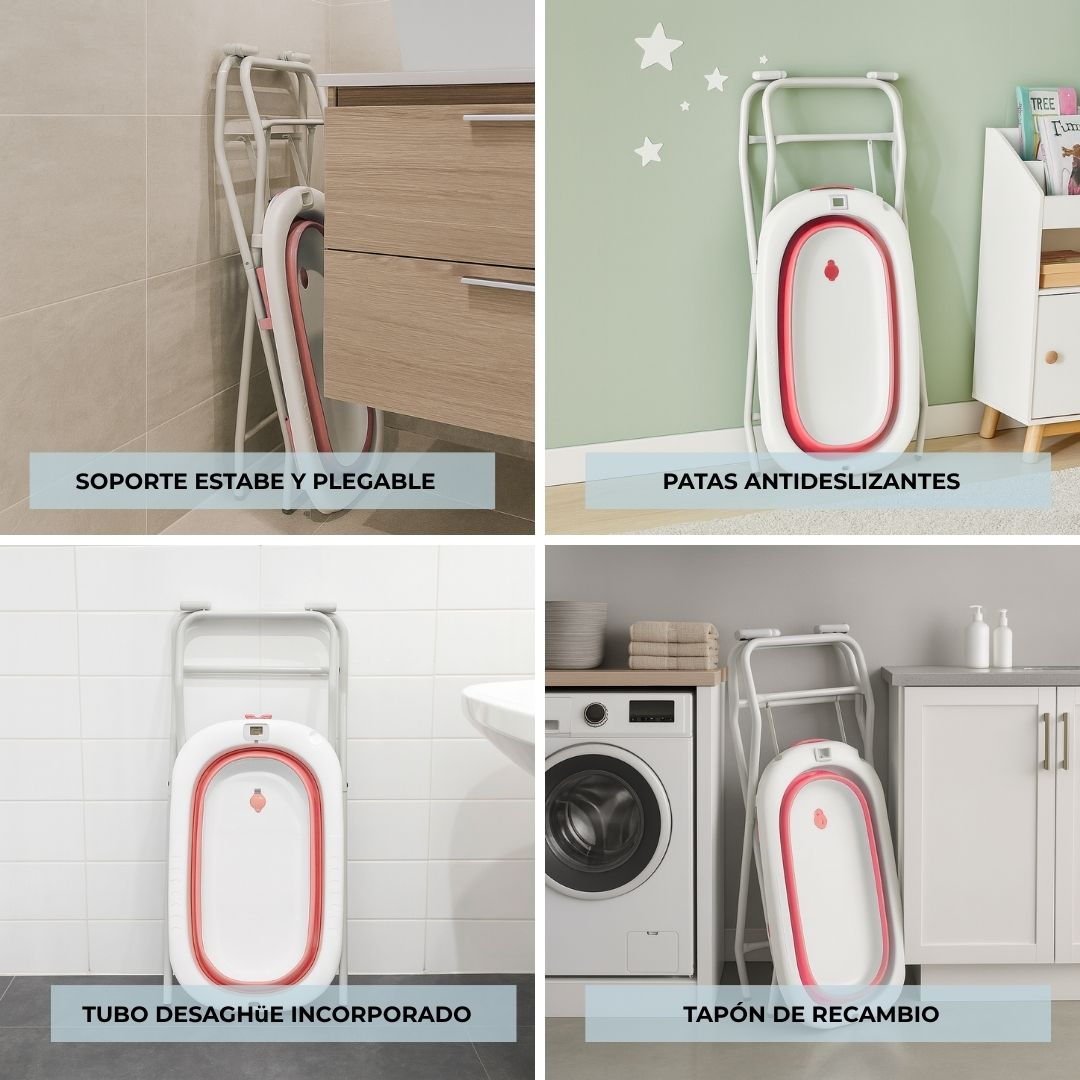 Un soporte plegable blanco y rosa para bañera de bebé en un baño.