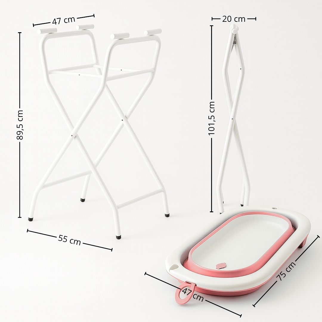 Bañera y soporte plegables blancos para bebé con dimensiones.