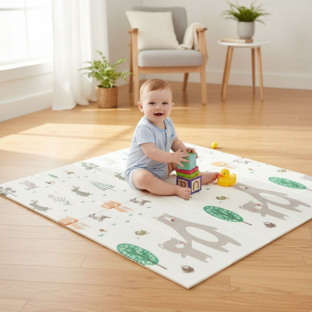 Un bebé se sienta en una alfombra de juegos con diseños de animales del bosque, apilando bloques.