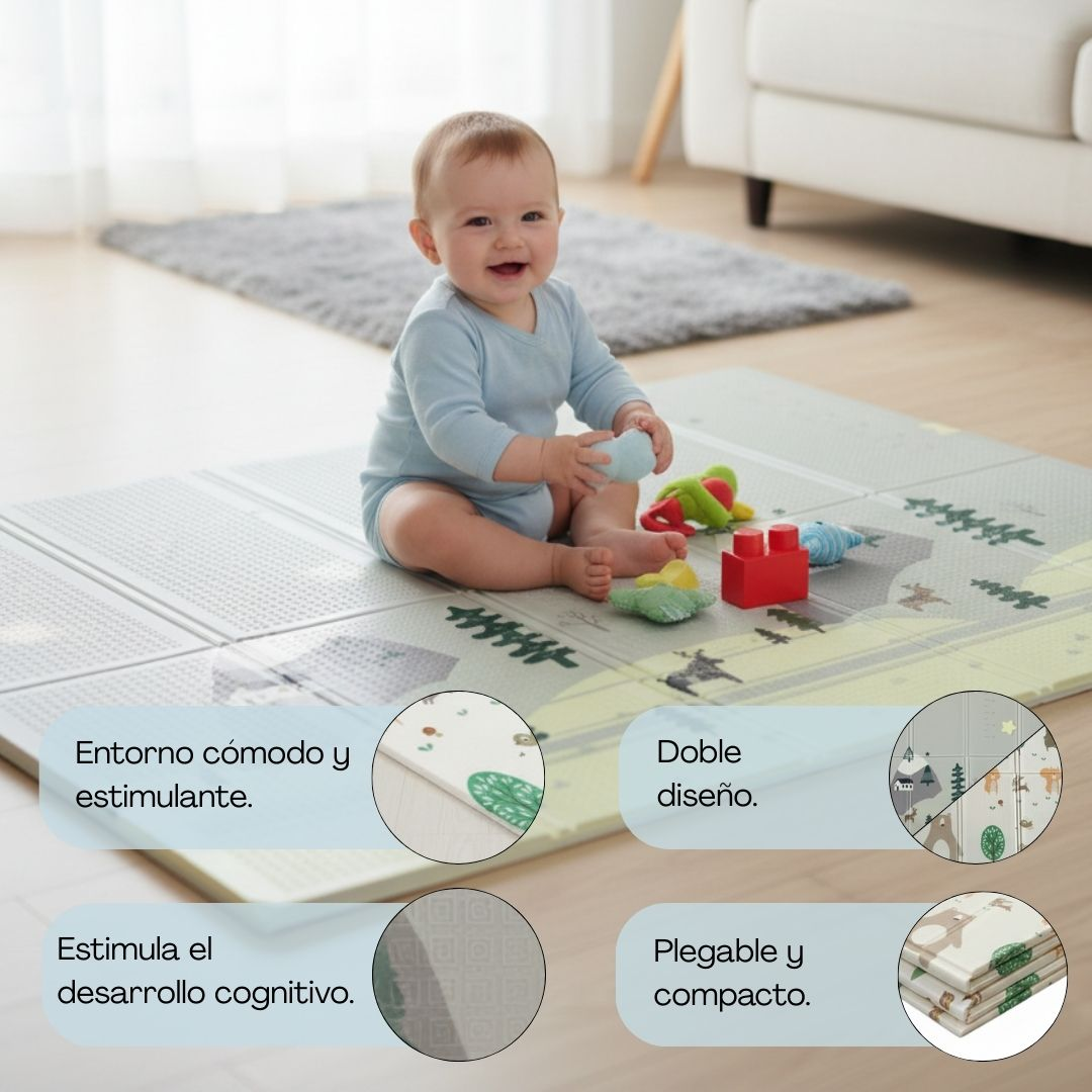 Un bebé se sienta en un tapete de juegos con juguetes. Varios primeros planos muestran detalles.