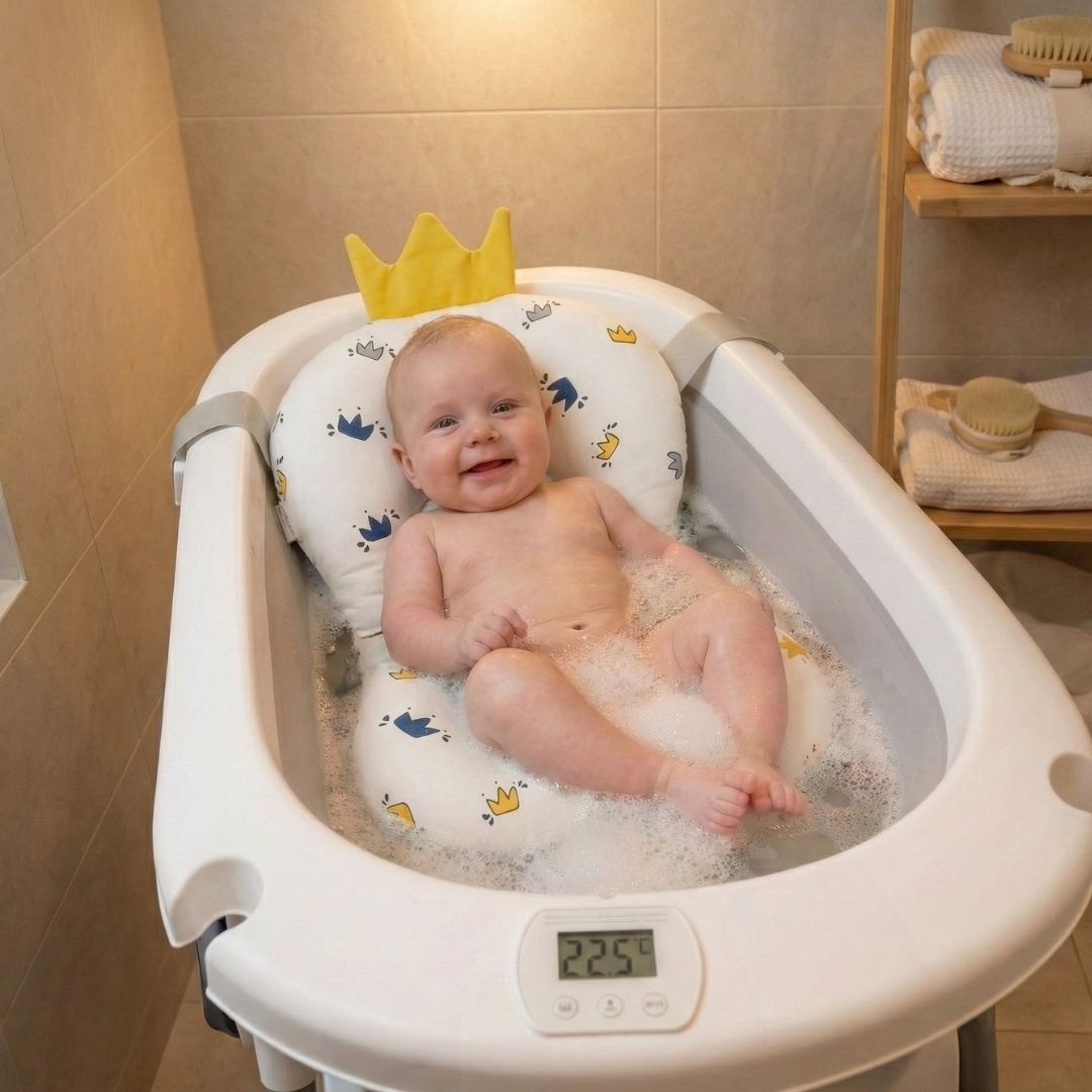 Un bebé yace en una bañera blanca sobre un cojín con estampado de corona.