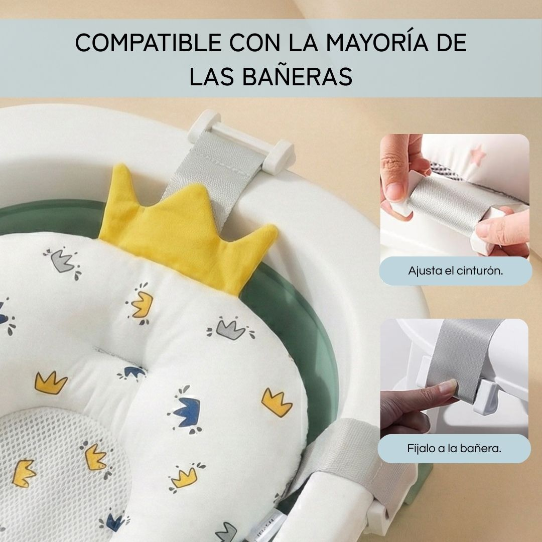 Un cojín blanco para bañera de bebé con estampado de corona y velcro.