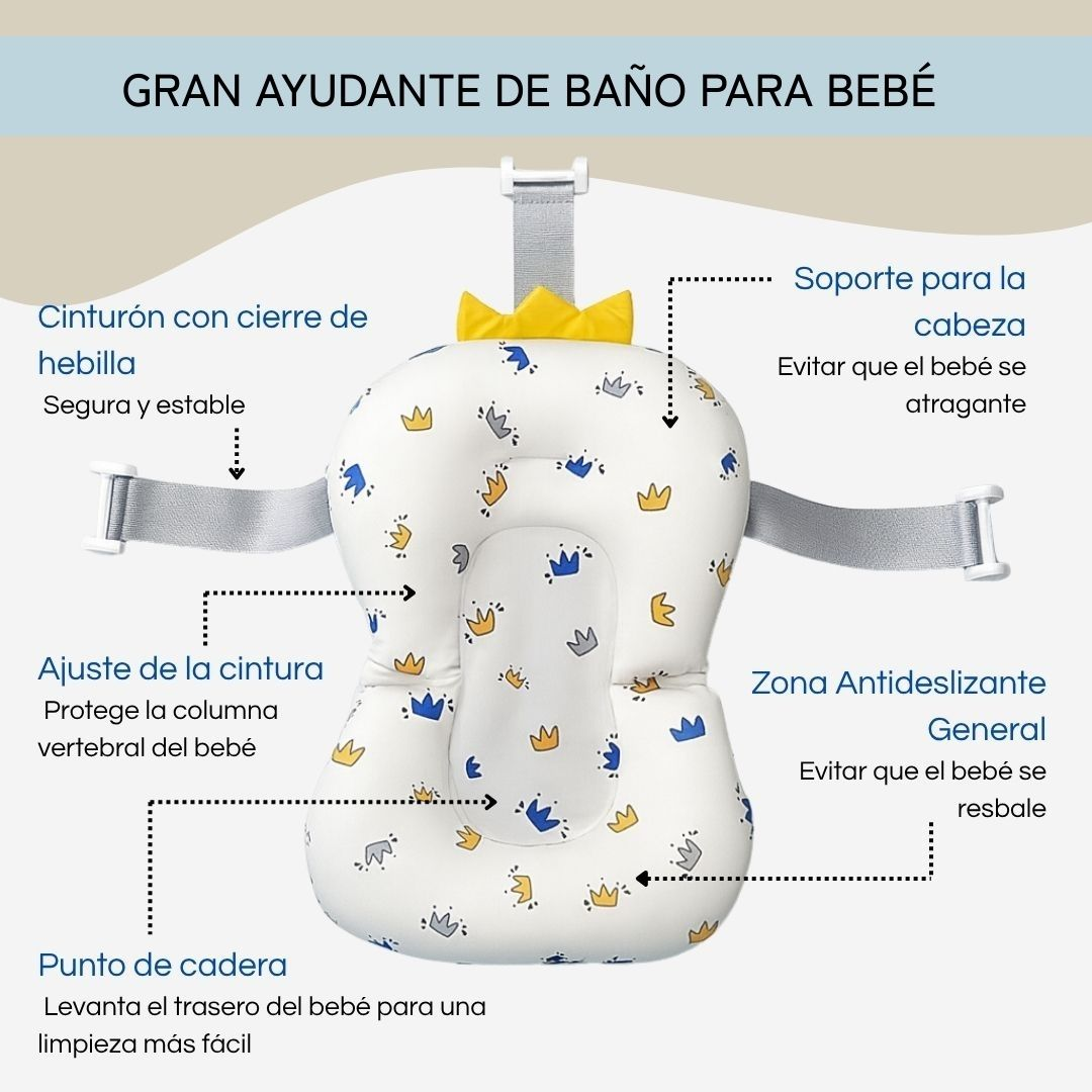 Cojín de baño para bebé con estampado de coronas, correas y soporte.