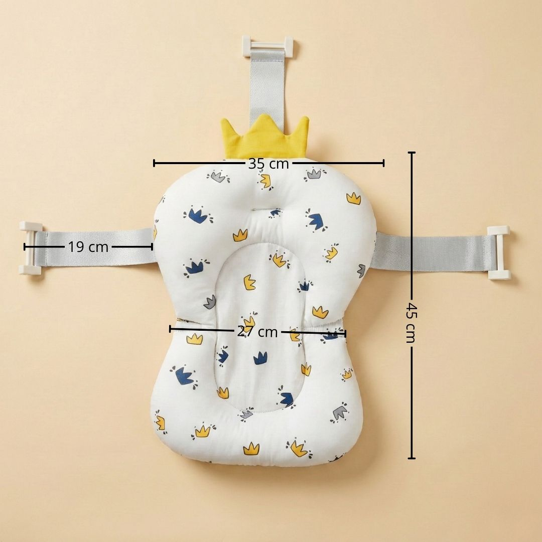 Cojín blanco para bañera de bebé con estampado de coronas, corona amarilla arriba, medidas.