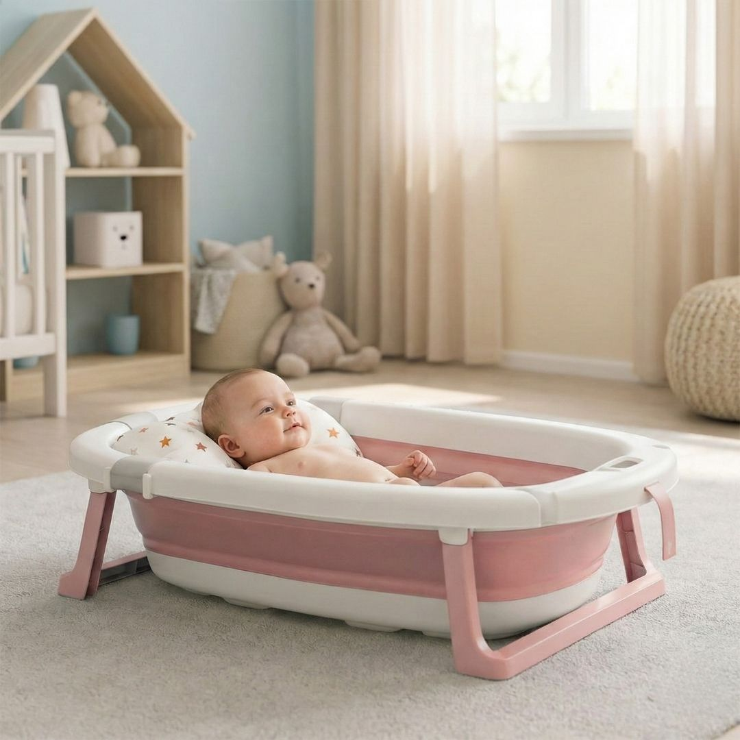 Bebé en una bañera plegable rosa sobre una alfombra, con juguetes al fondo.