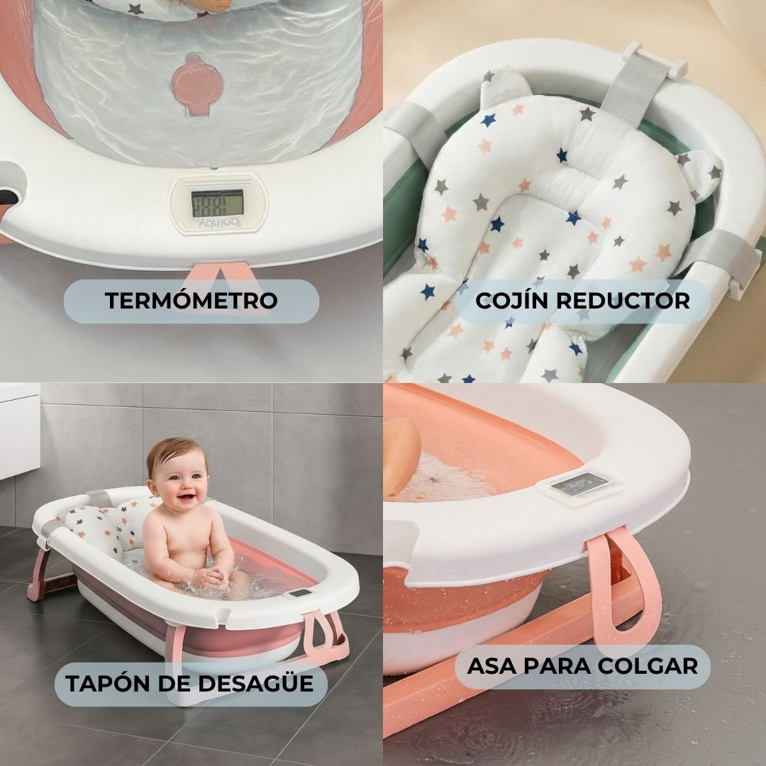 Bañera plegable para bebé con termómetro, cojín y tapón.