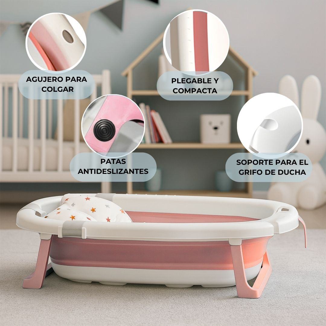 Una bañera de bebé plegable rosa y blanca con pies antideslizantes y orificio para colgar.