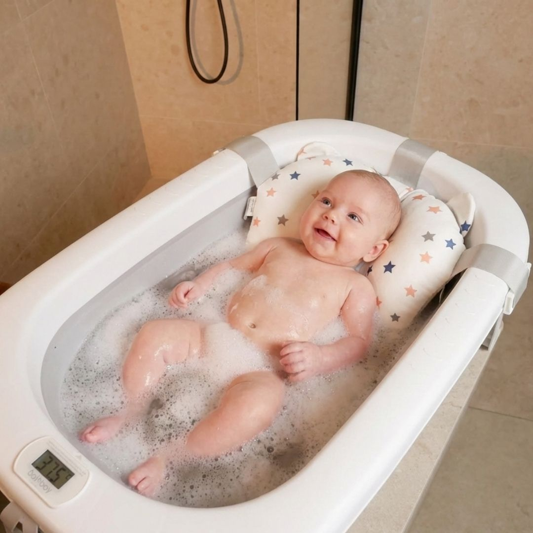 Un bebé feliz yace en una bañera burbujeante con almohada de estrellas.