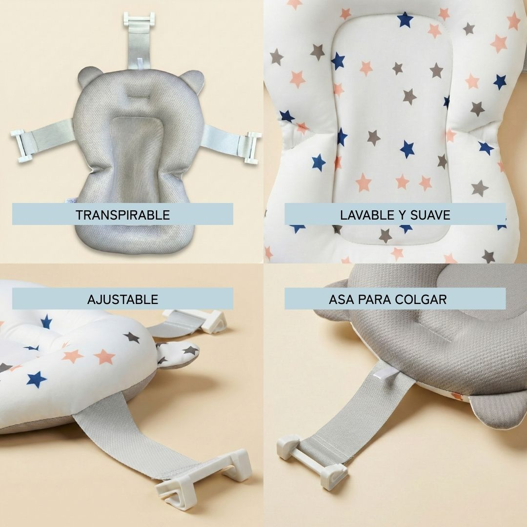Cuatro vistas de un cojín de bañera para bebé: transpirable, lavable, ajustable, para colgar.