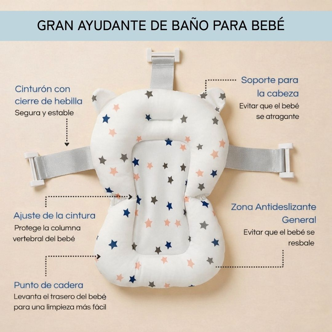 Soporte de baño para bebé blanco con estrellas, correas ajustables y soporte.