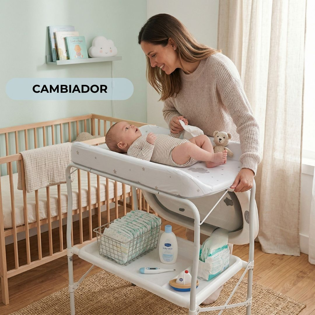 Una madre cambia el pañal de su bebé en un cambiador junto a una cuna.