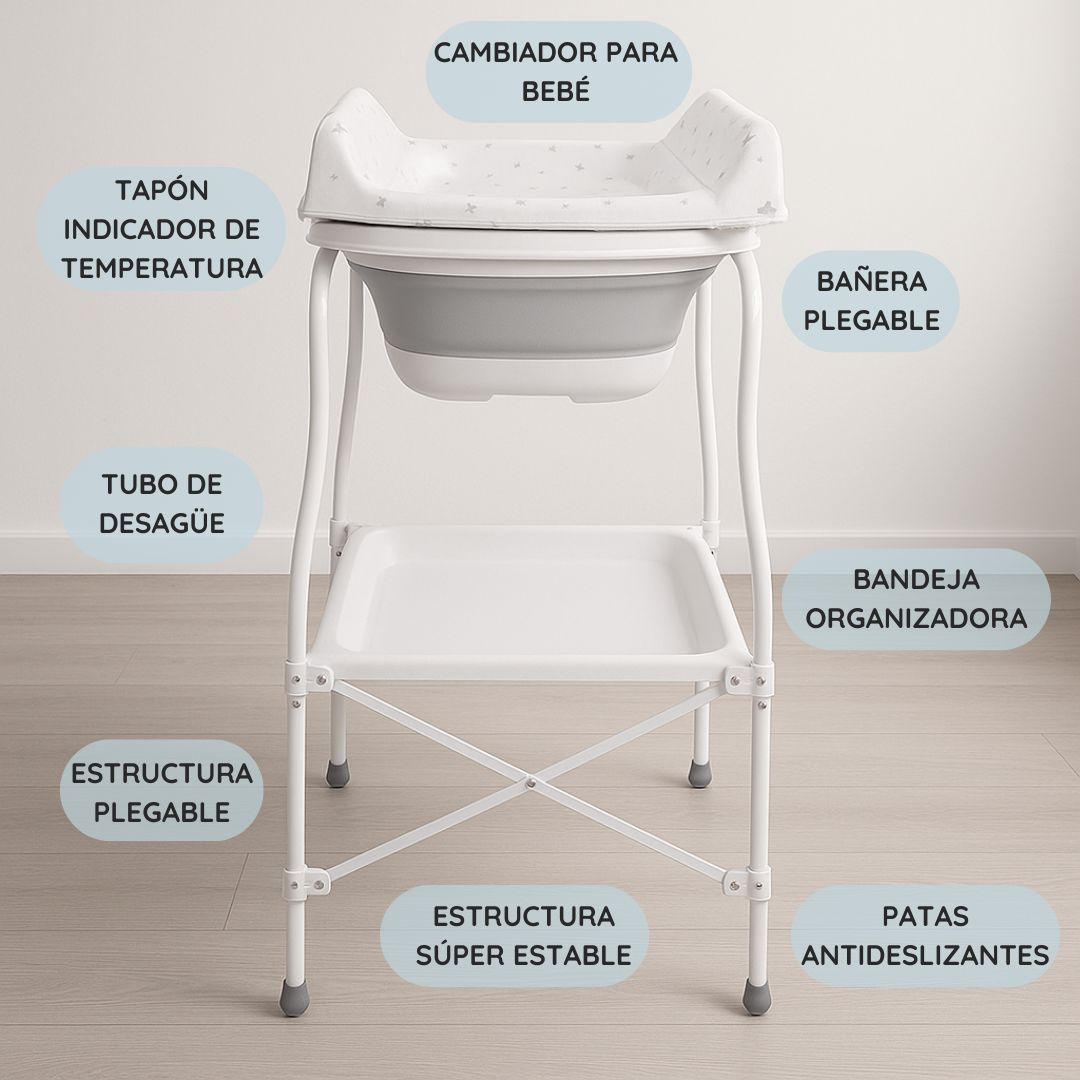 Cambiador blanco para bebé con bañera plegable, bandeja y tubo de desagüe.