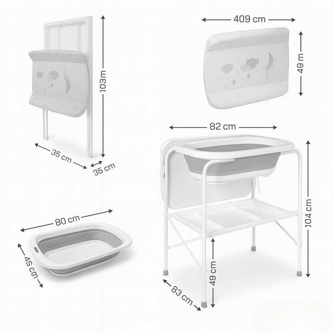 Set de bañera para bebé plegable con cambiador y accesorios. Dimensiones indicadas.