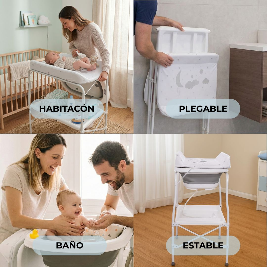 Un cambiador de bebé en uso, plegado y en detalle.