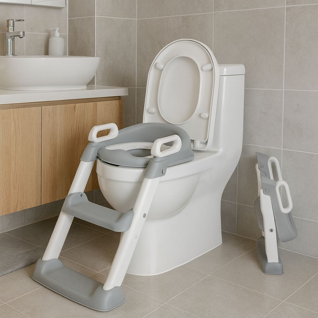 Un asiento de orinal infantil con escalera está sobre un inodoro en un baño.