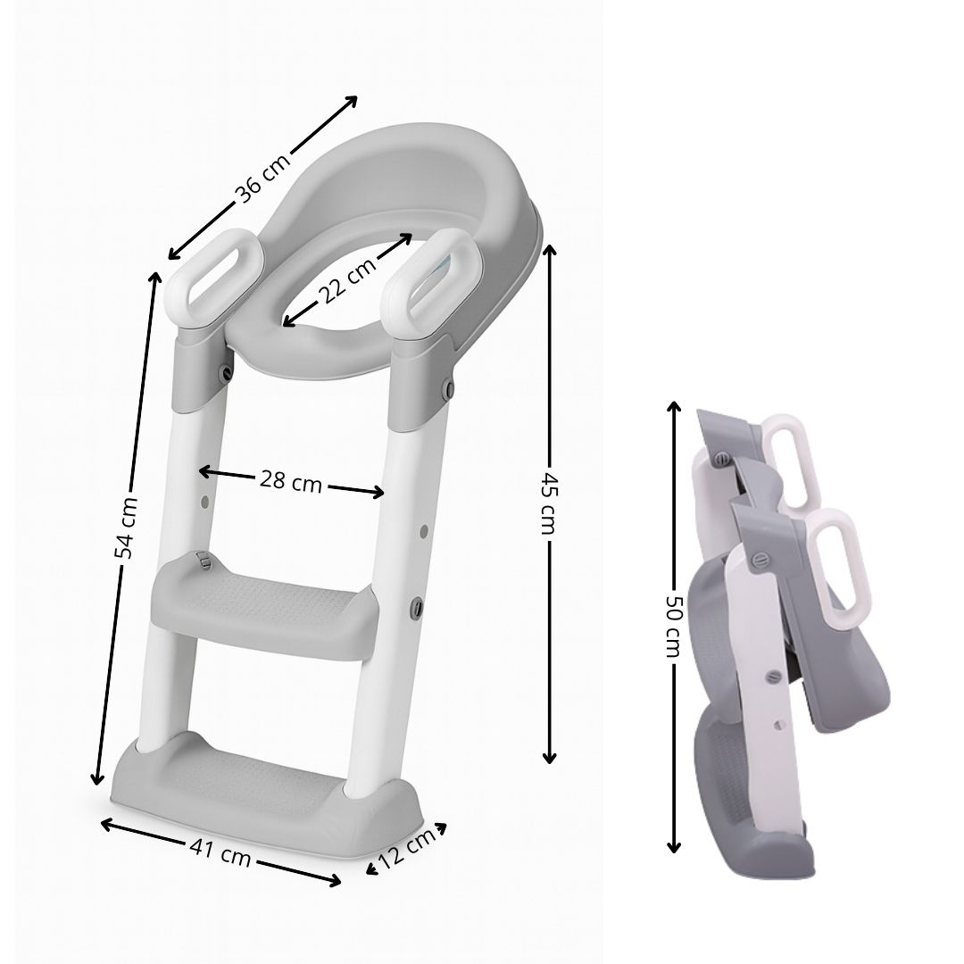 Orinal escalón para niños gris y blanco con dimensiones. Desplegado y plegado.