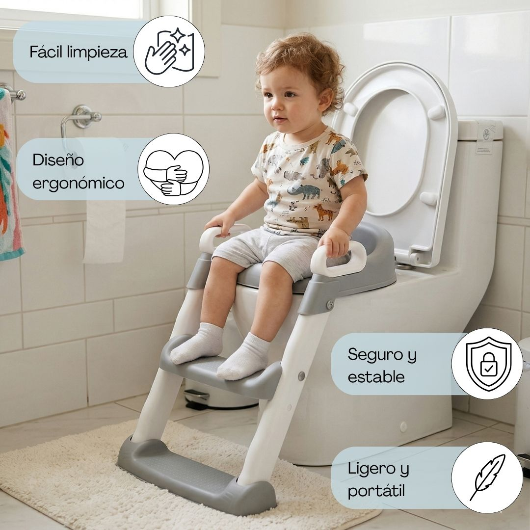 Un niño pequeño se sienta en un orinal con escalones frente a un inodoro.
