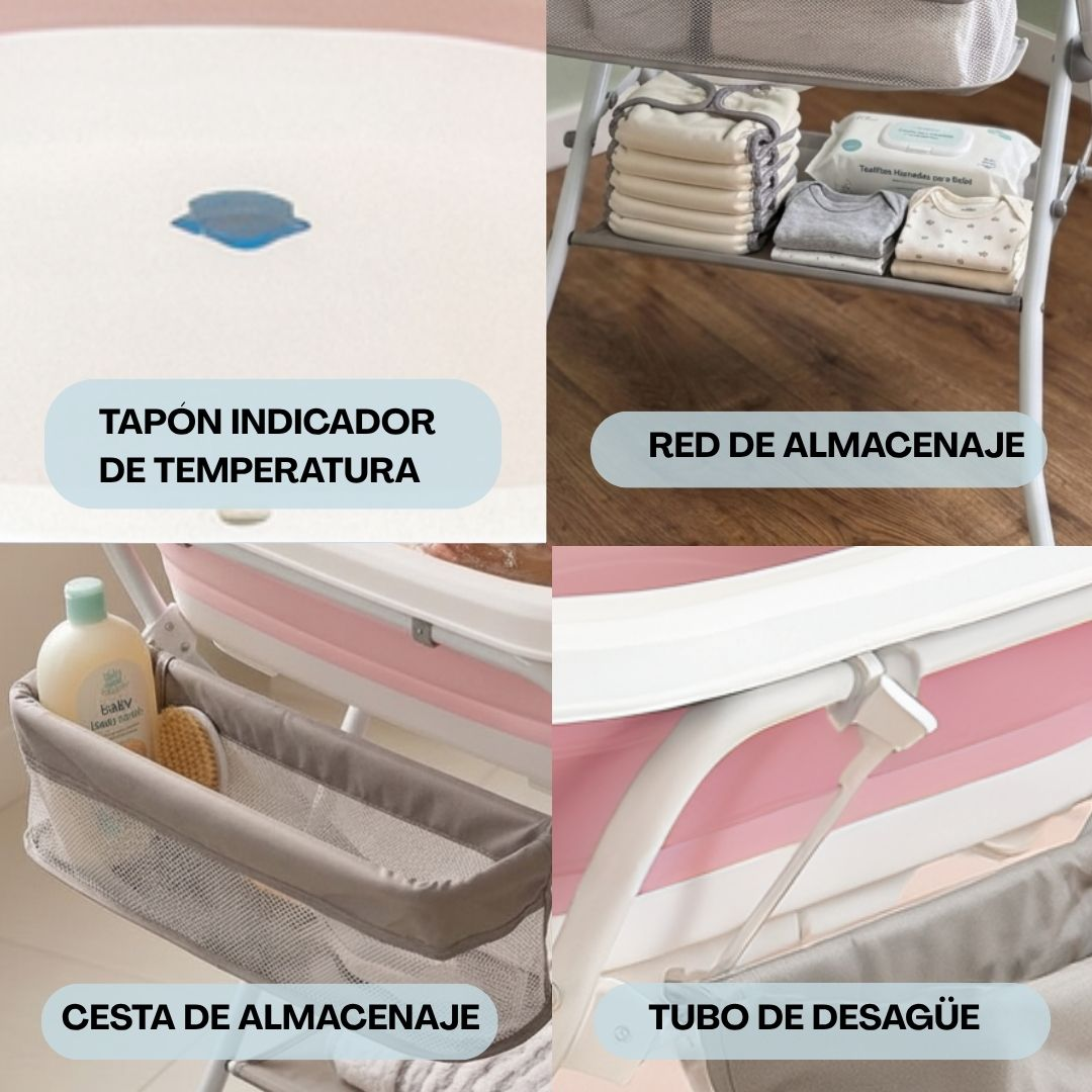 Bañera para bebé con indicador de temperatura, almacenaje y tubo.
