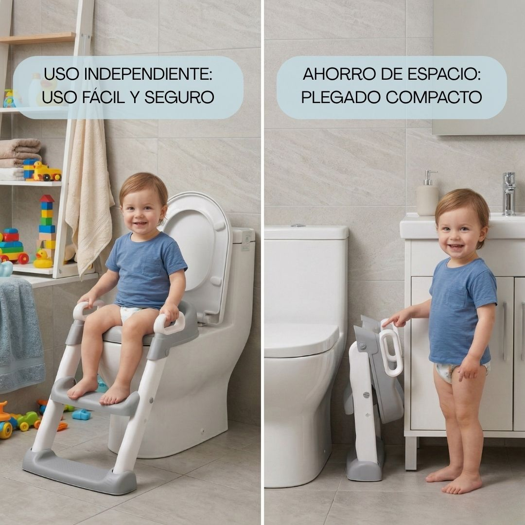 Niño en orinal entrenador izquierda, plegado derecha.