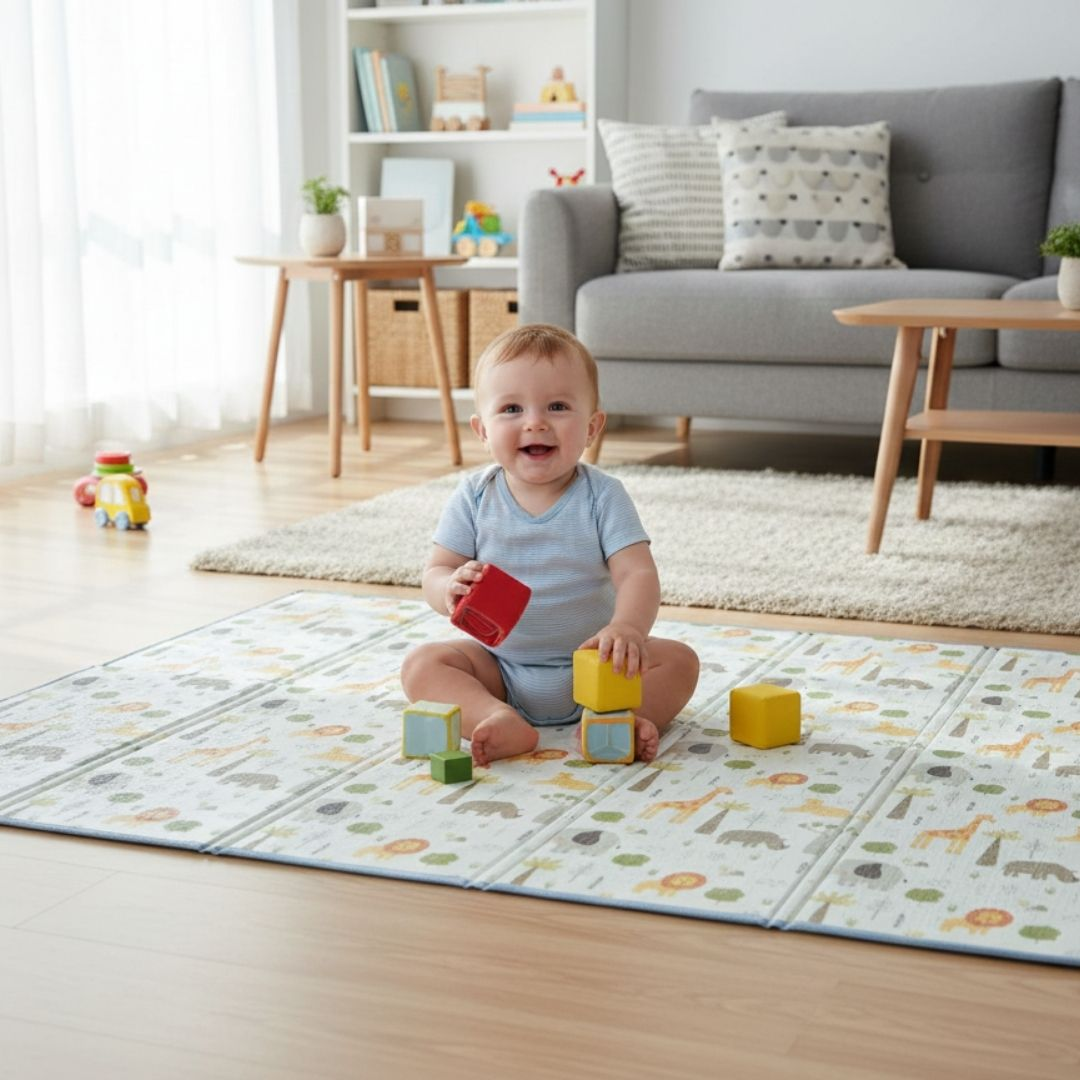 Un bebé sonriente se sienta en una alfombra de juegos sosteniendo bloques rojos y amarillos.