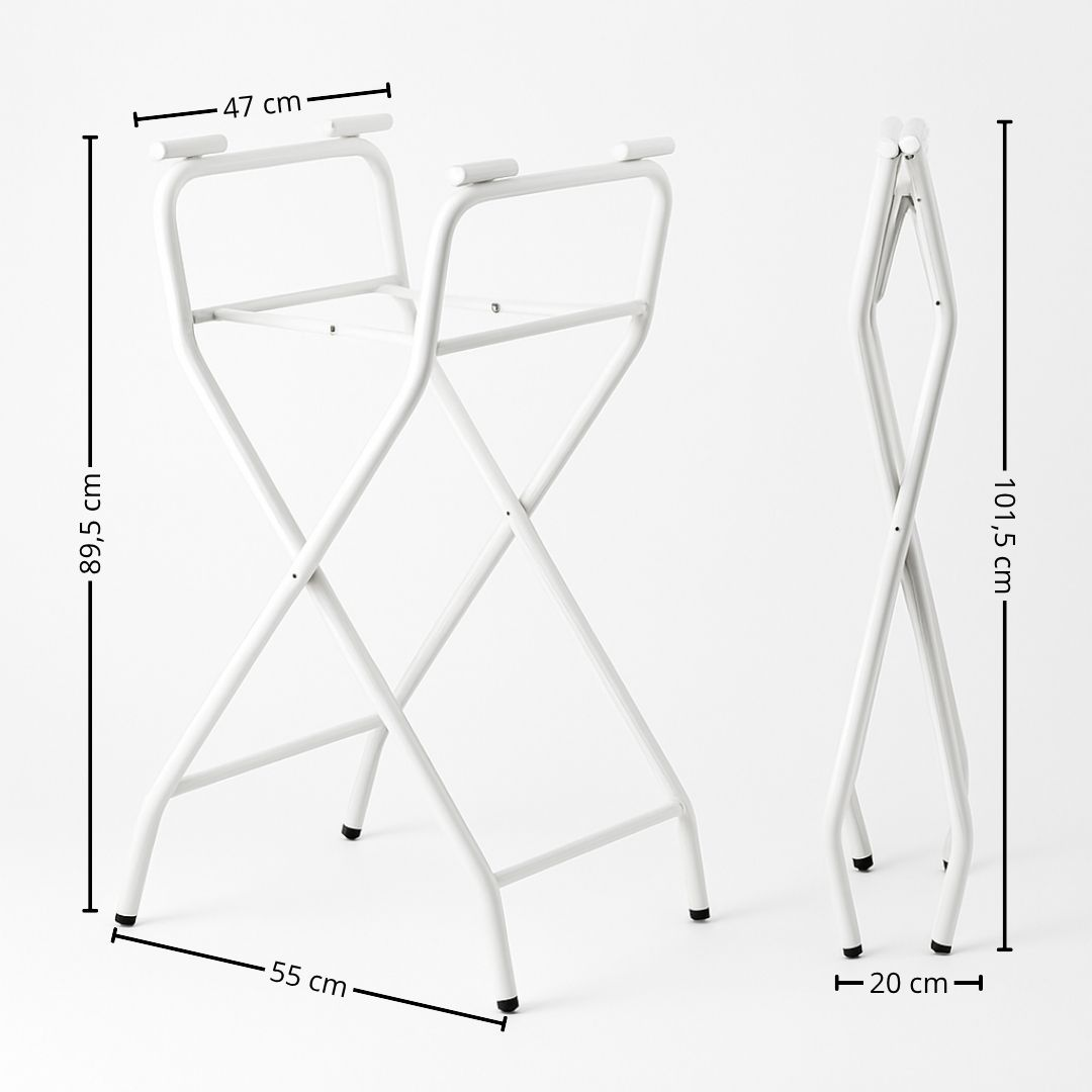 Soporte plegable blanco con dimensiones: alto 89,5 cm, ancho 47 cm, fondo 55 cm.
