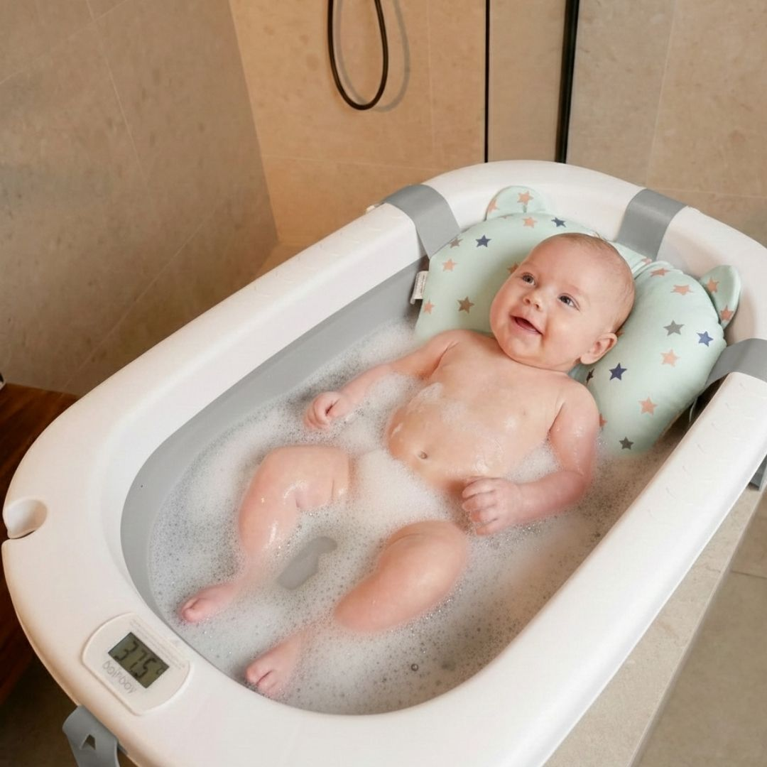 Un bebé feliz en una bañera con burbujas y termómetro digital.