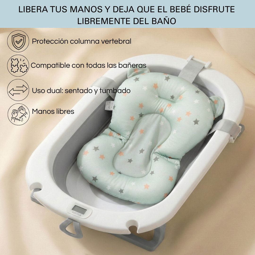 Bañera para bebé con cojín verde menta de estrellas, con funciones.