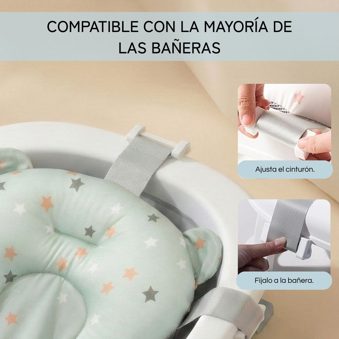 Asiento de baño para bebés con estrellas, correas ajustables a la bañera.